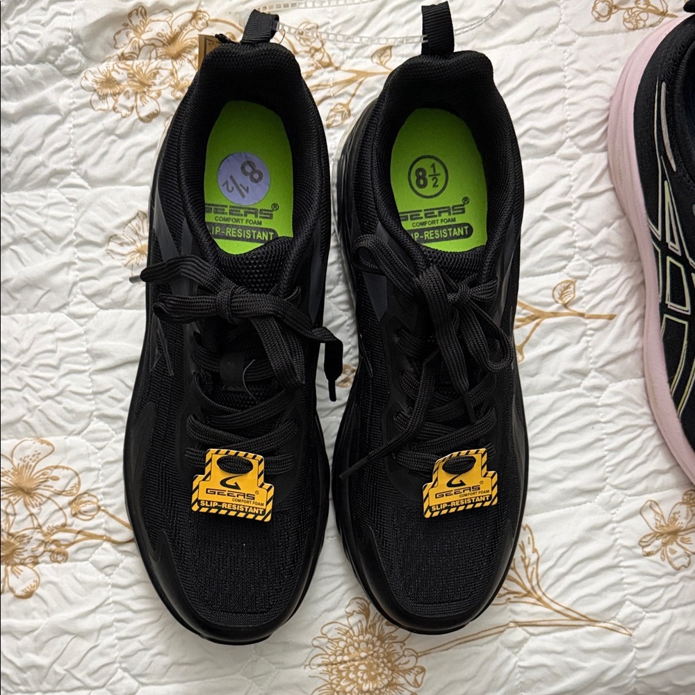 Black Lace-Up Slip-Resistant Sneakers with Neon Green Insoles